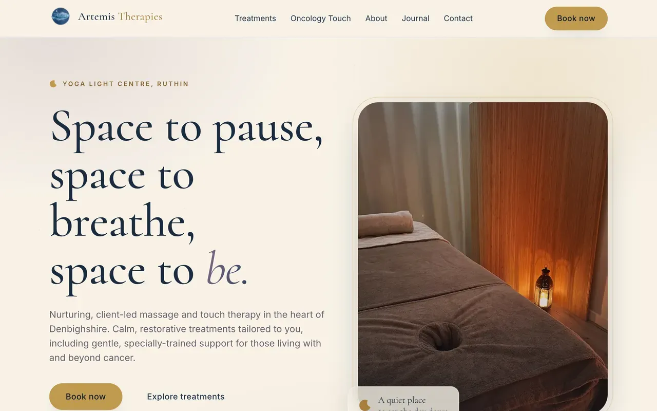The Artemis Therapies homepage, with a calm massage and therapy theme