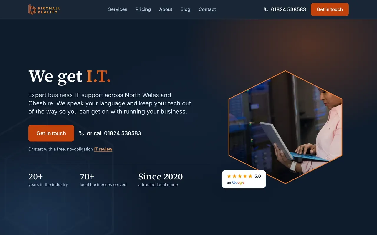 The Birchall Reality homepage, showing its business IT support headline
