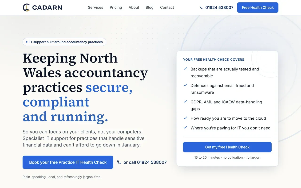 The Cadarn IT homepage, aimed at North Wales accountancy practices