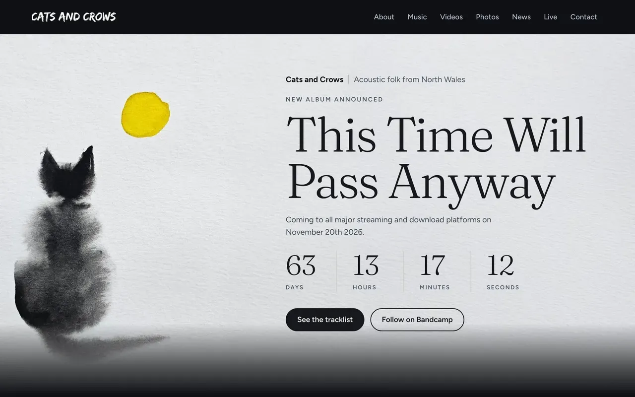 The Cats and Crows homepage, showing the band's acoustic folk headline and album artwork