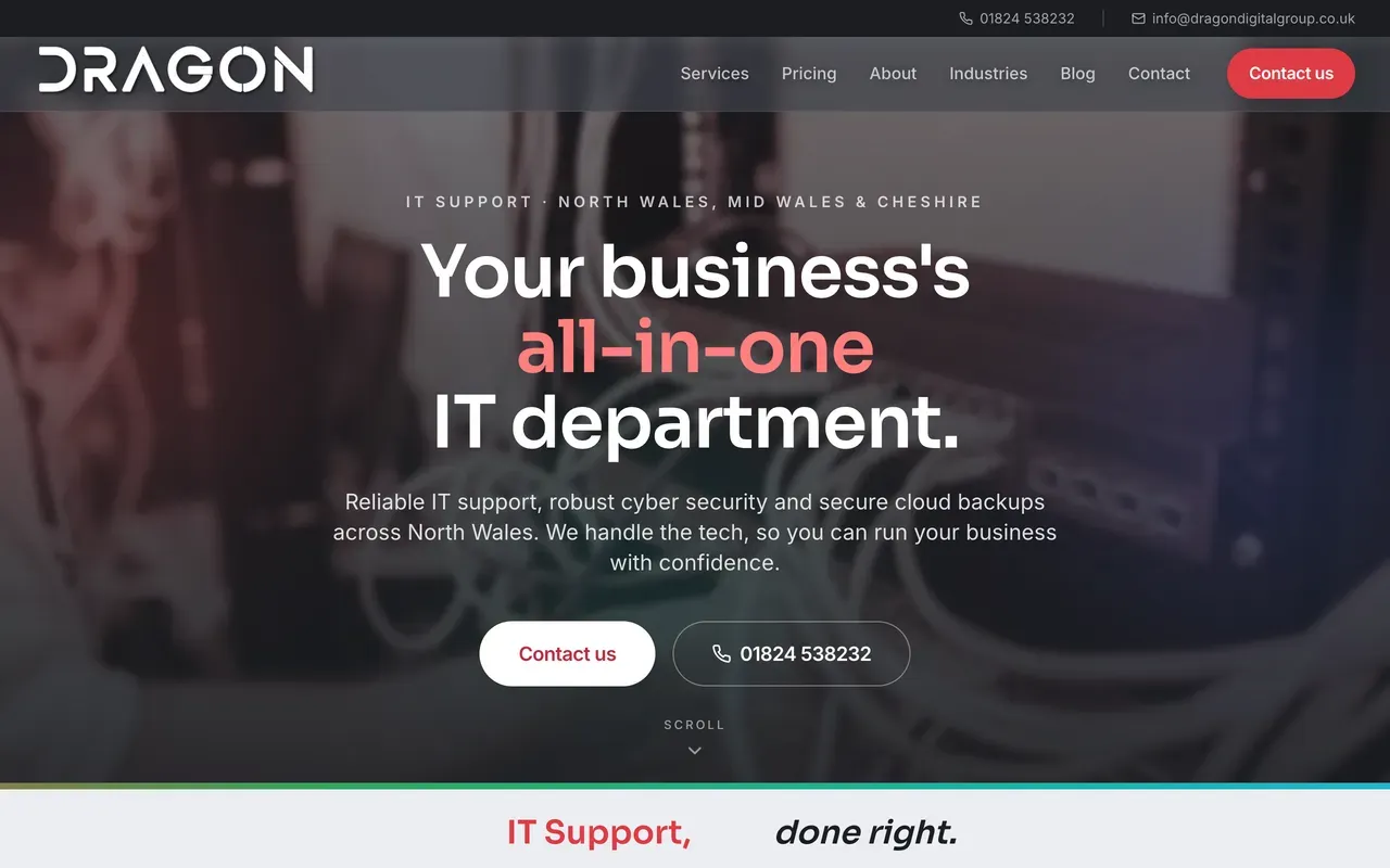The Dragon Digital homepage, showing its IT support headline