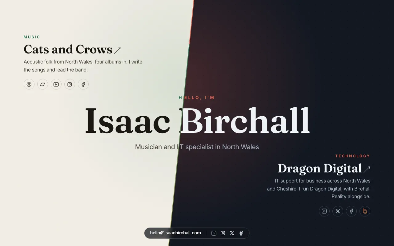 The Isaac Birchall homepage, a split-screen personal site for his music and IT work