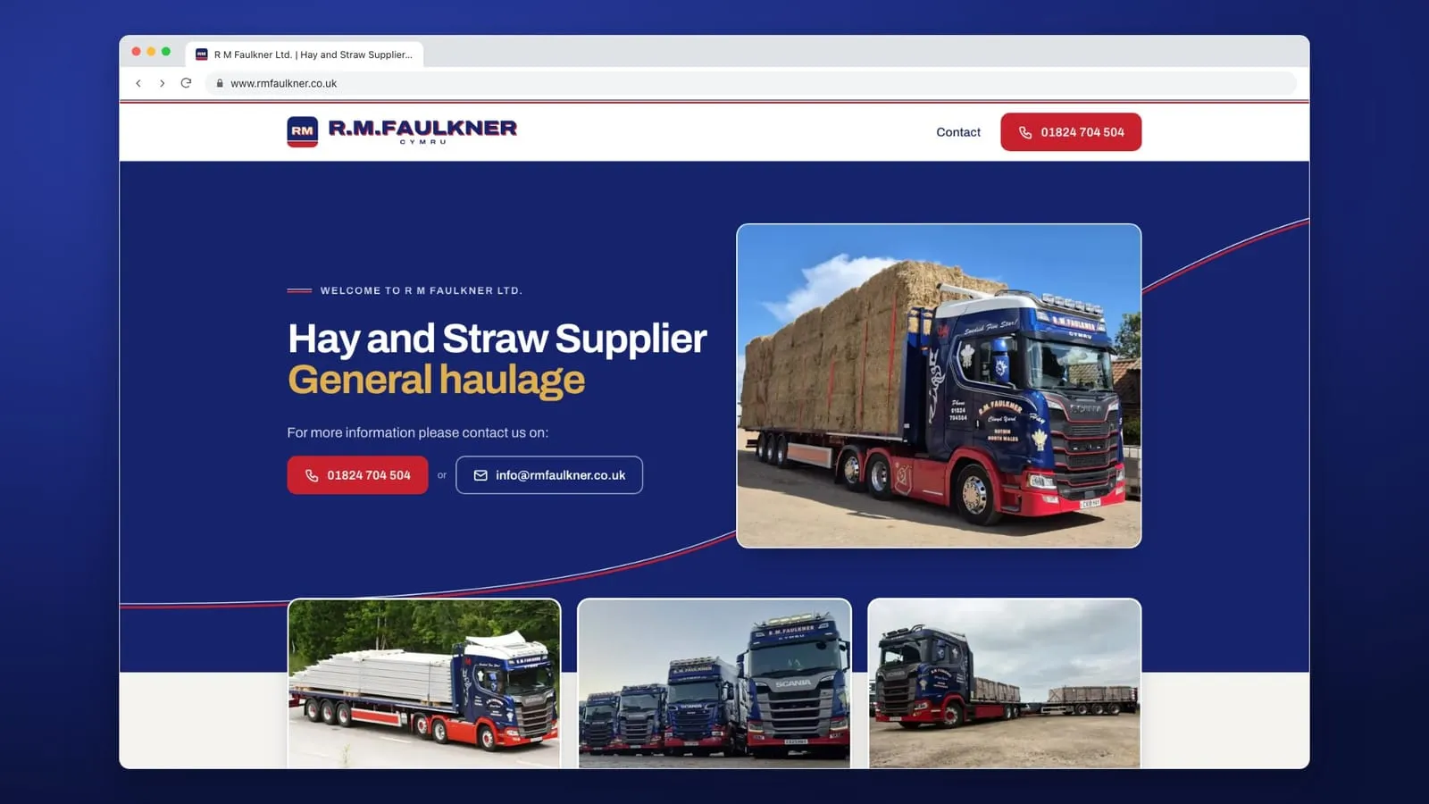 The new R M Faulkner homepage in a browser window, a navy page with a fine red and white line sweeping up behind a photo of a loaded lorry, and three more lorry photos along the bottom.